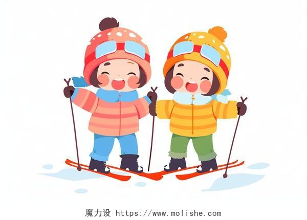 两位滑雪的小孩卡通AI插画